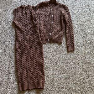 Brown Cable Knit Midi Dress with Matching Cardigan